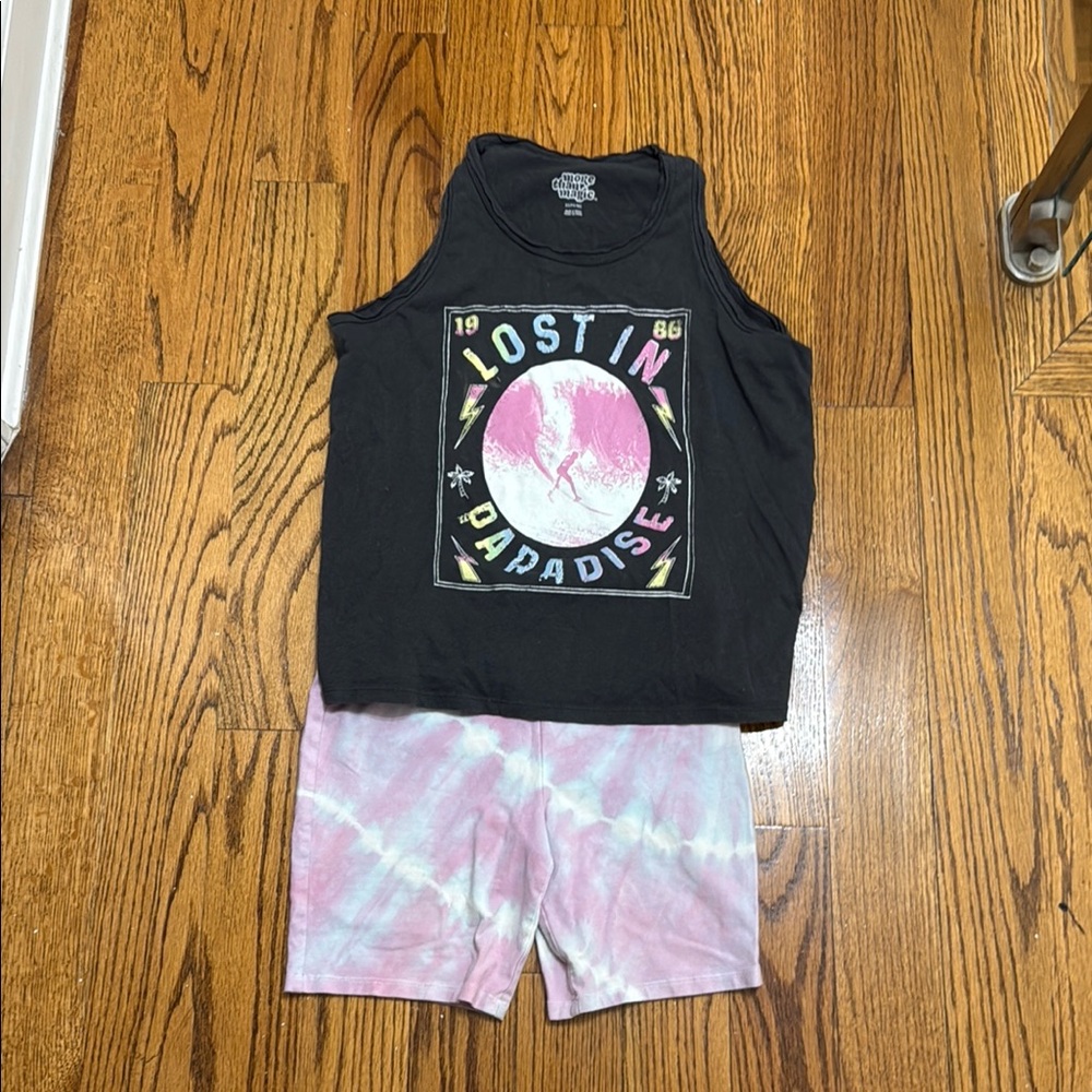 Black 'Lost in Paradise' Tank Top with Tie-Dye Shorts